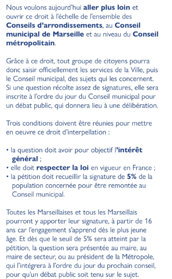 Extrait du programme 2026 : « Nous voulons aujourd'hui aller plus loin », étendre le droit d'interpellation à l'ensemble des conseils d'arrondissements, au Conseil municipal et au Conseil métropolitain, signature dès 16 ans, seuil de 5 % de la population concernée