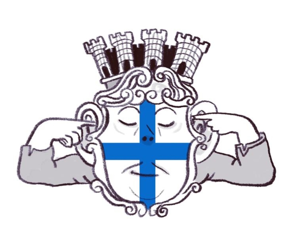 Le blason de Marseille, couronne de tours sur la tête, se bouche les oreilles avec les doigts